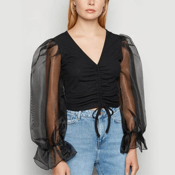 Self Tie Front Ruched Top - Black - DrapeMe - Your Affordable place for In-Trend clothing