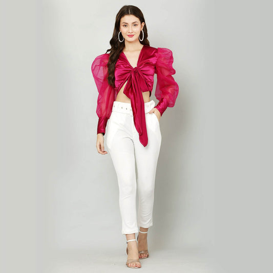 Organza & Satin Puff Sleeve Front Tie Top - Hot Pink - DrapeMe - Your Affordable place for In-Trend clothing