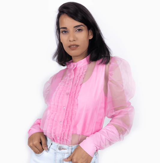 Ruffle Trim Party Wear Shirt - Pink - DrapeMe - Your Affordable place for In-Trend clothing