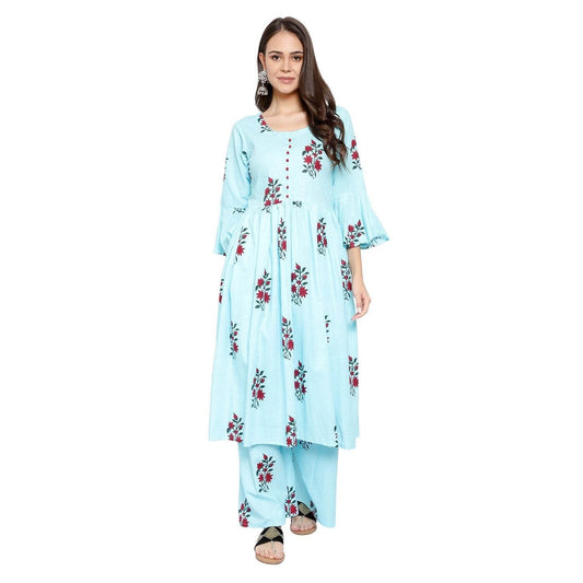 Floral Anarkali Pleated Kurta Set - Aqua Blue - DrapeMe - Your Affordable place for In-Trend clothing