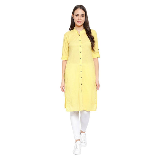 Solid Collar Neck Folding Sleeves Long Kurti - Yellow - DrapeMe - Your Affordable place for In-Trend clothing