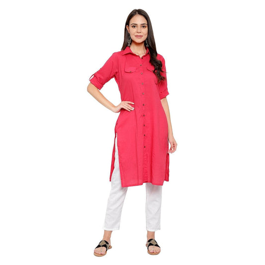 Solid Collar Neck Folding Sleeves Long Kurti - Red - DrapeMe - Your Affordable place for In-Trend clothing