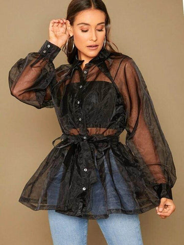 Peplum Organza Shirt With Belt - Black - DrapeMe - Your Affordable place for In-Trend clothing