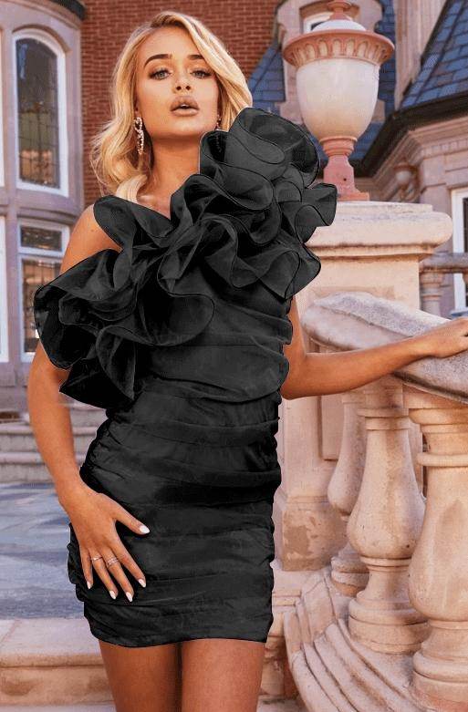 Ruffled One Shoulder Organza Short Dress – Black