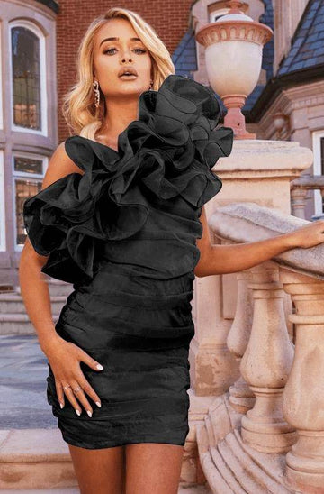 Ruffled One Shoulder Organza Short Dress – Black - DrapeMe - Your Affordable place for In-Trend clothing