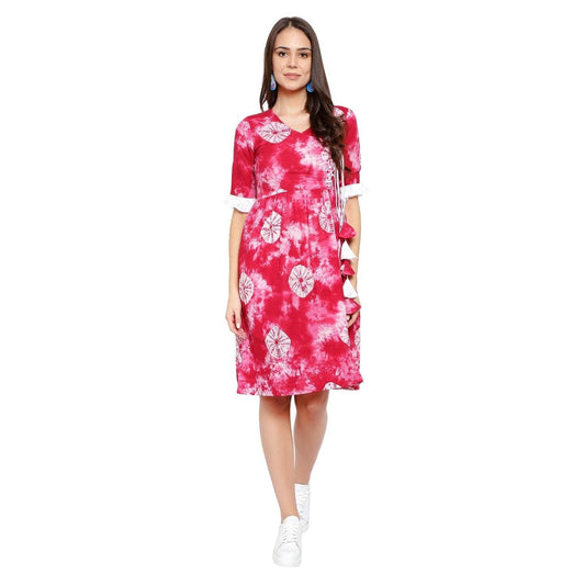 Tie & Dye Blend Kurti V-Neck Lace Closure - Pink & White - DrapeMe - Your Affordable place for In-Trend clothing