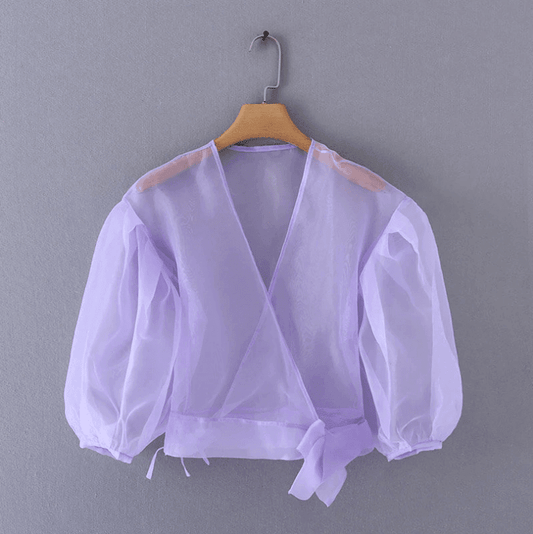 Spring Transparent V-Neck Crop Organza Top - Lilac - DrapeMe - Your Affordable place for In-Trend clothing