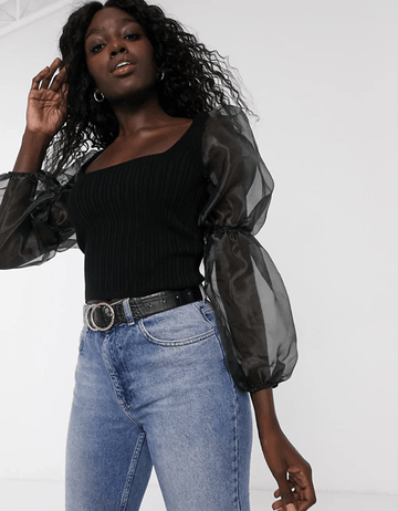 Square Neck Crop Jumper With Organza Sleeves - Black