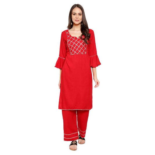 Straight Kurti With Plazzo Set - Red - DrapeMe - Your Affordable place for In-Trend clothing