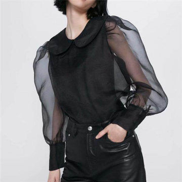 Women Elegant Organza Puff Sleeve Top - Black