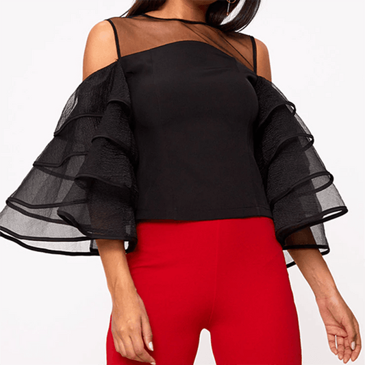 Layered Ruffle Sleeve Organza Top - Black - DrapeMe - Your Affordable place for In-Trend clothing
