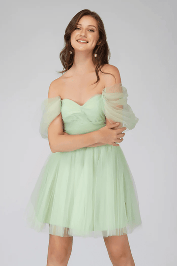 Offshoulder Pastel Green Tulle Mini Dress - DrapeMe - Your Affordable place for In-Trend clothing