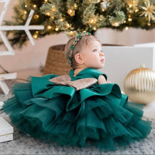 My First Birthday Satin & Tulle Dress With Glitter Bow - DrapeMe - Your Affordable place for In-Trend clothing
