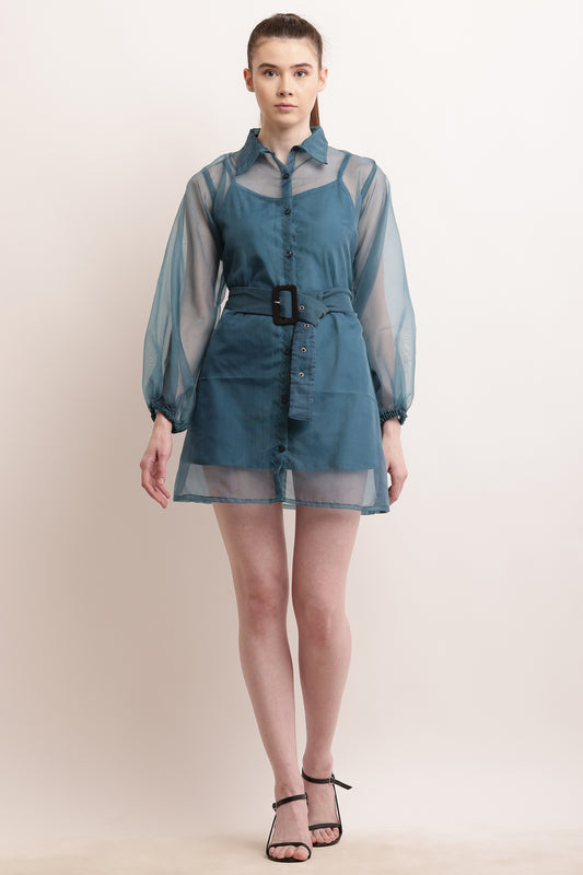 Organza Belted Balloon Sleeve Shirt Dress - Teal Blue