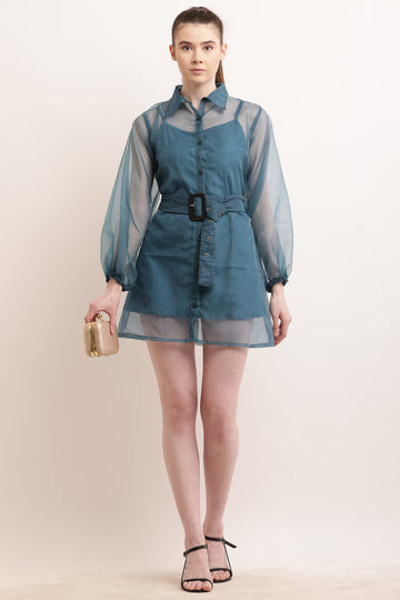 Organza Belted Balloon Sleeve Shirt Dress - Teal Blue