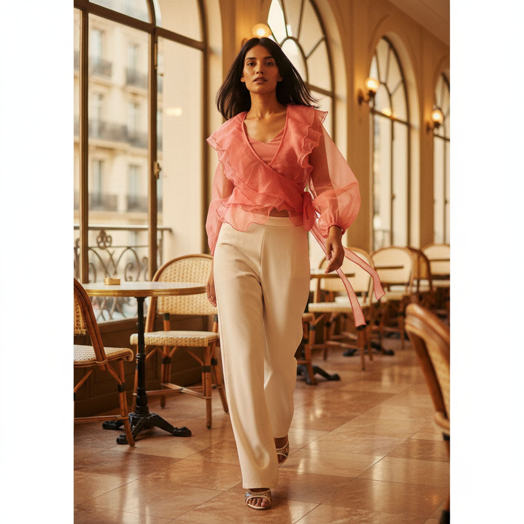 Peach Ruffle Belted Crop Top - AI Enhanced