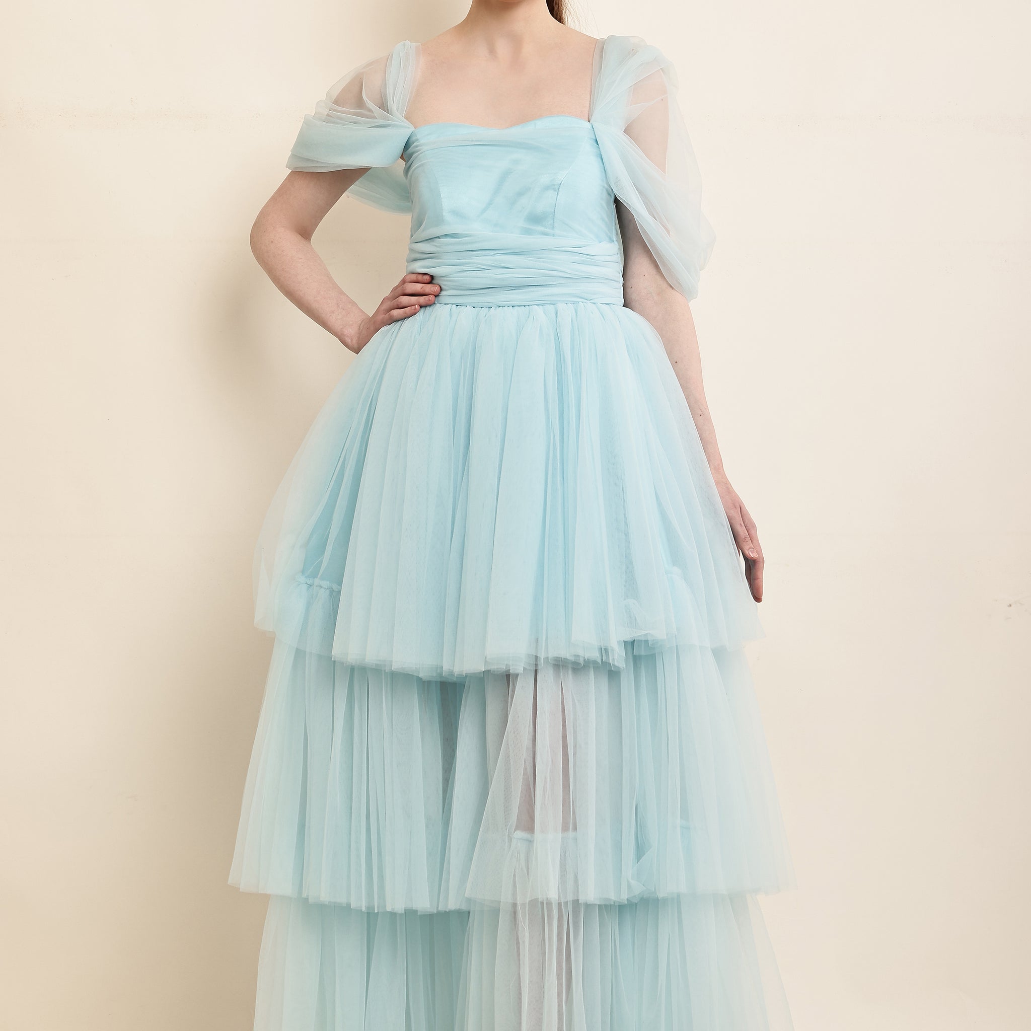 Frozen Sapphire Tulle Layered Gown