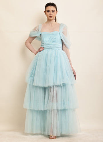 Frozen Sapphire Tulle Layered Gown