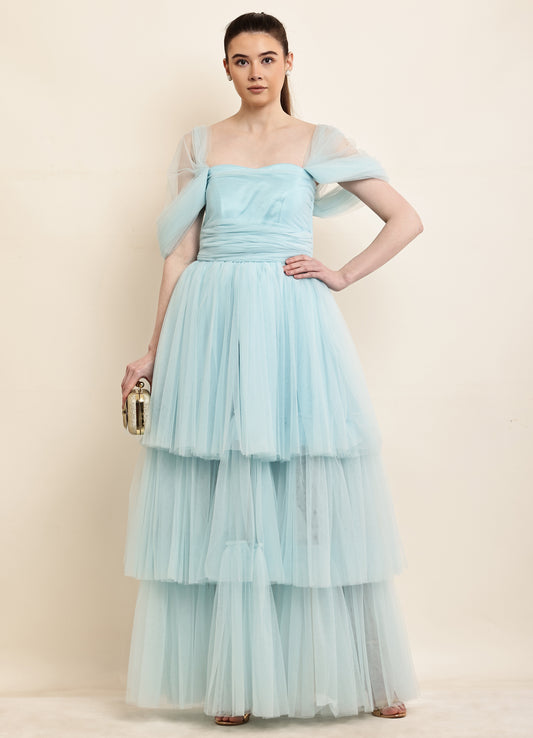 Frozen Sapphire Tulle Layered Gown