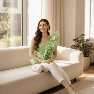 Mint Green One Shoulder Ruffle Party Top For Women