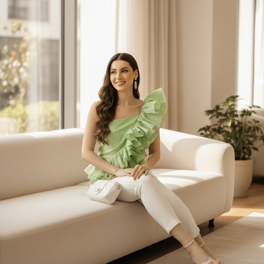 Mint Green One Shoulder Ruffle Party Top For Women, elegant ruffle detail showcasing stylish party fashion.