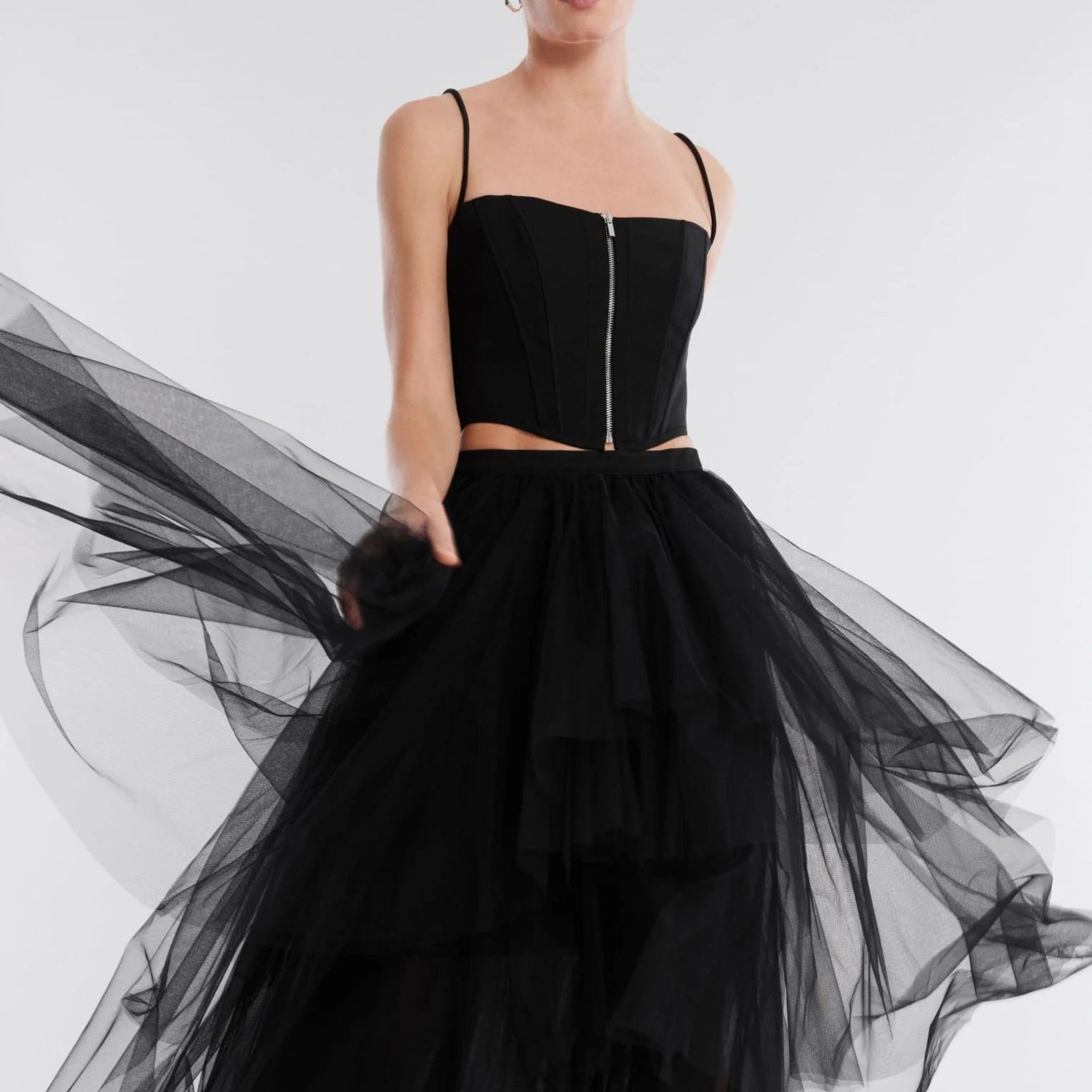 Sexy Ruffled Tulle Skirt & Zipper Bustier Co ord Set