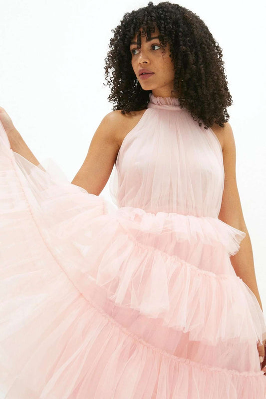 High Neck Tulle Tiered Midi Dress - Light Pink