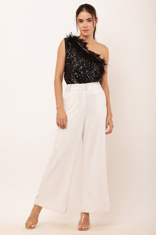 One Shoulder Sequins Feather Trim Top