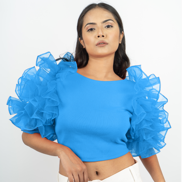 Ruffled Organza Sleeved  Ribbed Crop Top