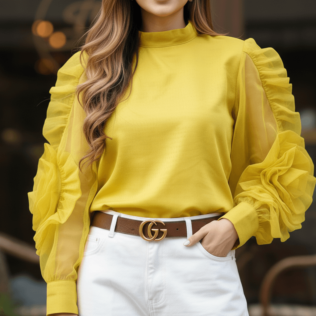 Floral Organza Puff Sleeve Top - Grass Yellow - DrapeMe - Your Affordable place for In-Trend clothing