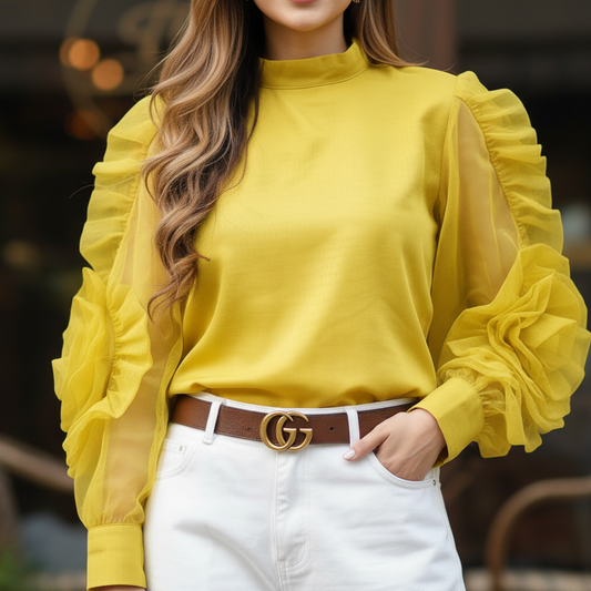 Floral Organza Puff Sleeve Top - Grass Yellow