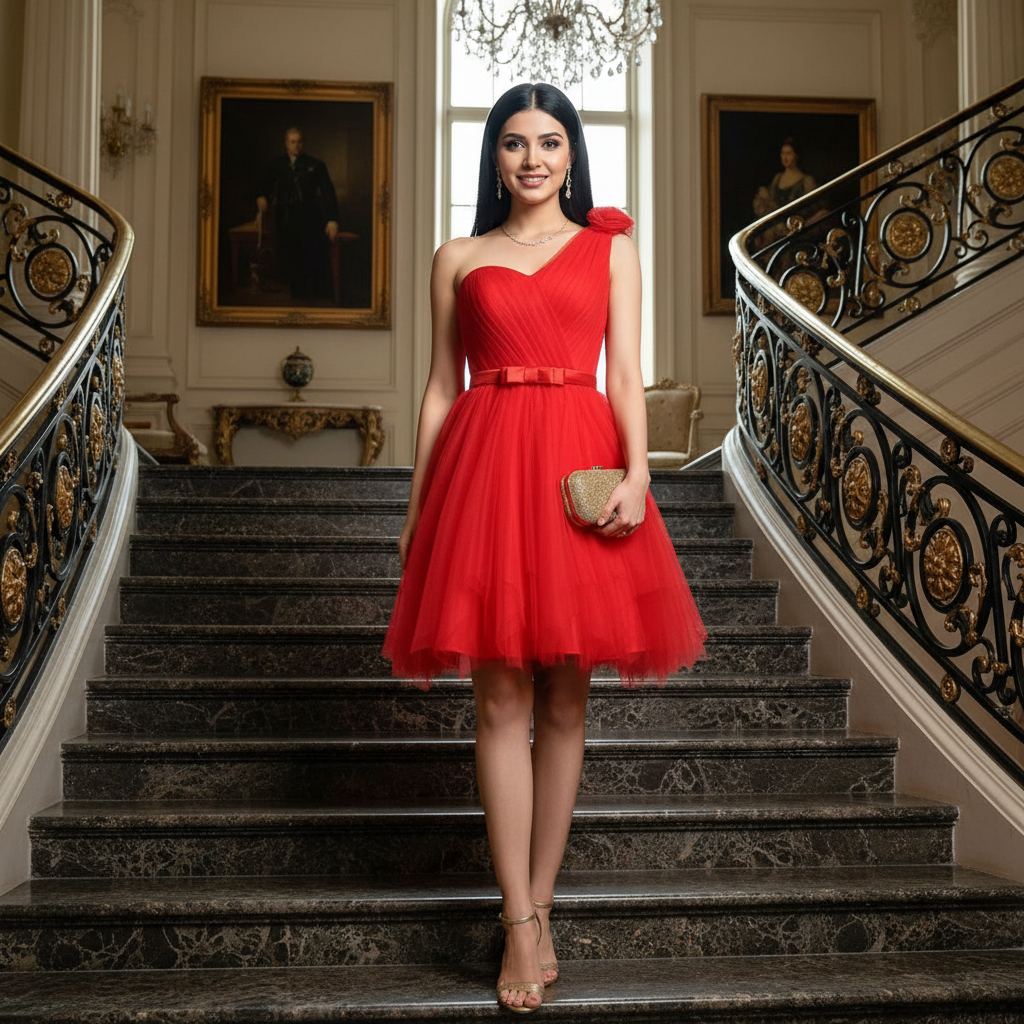 Romantic Ruched One Shoulder Party Dress - Red