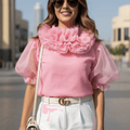 Ruffled Neck Puff Sleeve Top - Pink - DrapeMe - Your Affordable place for In-Trend clothing