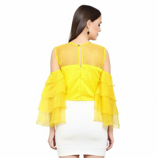 Layered Ruffle Sleeve Organza Top - Yellow