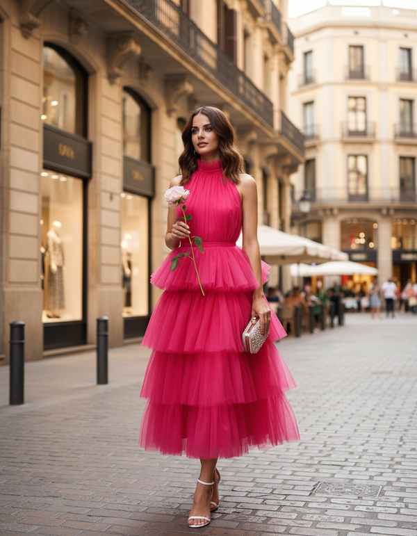Ruffle Layered Tulle Hem Haltered A-line Party Dress