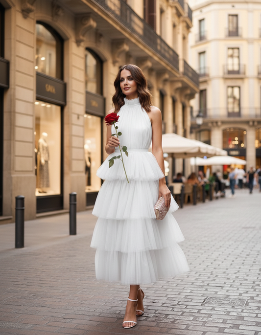 Ruffle Layered Tulle Hem Haltered A-line Party Dress