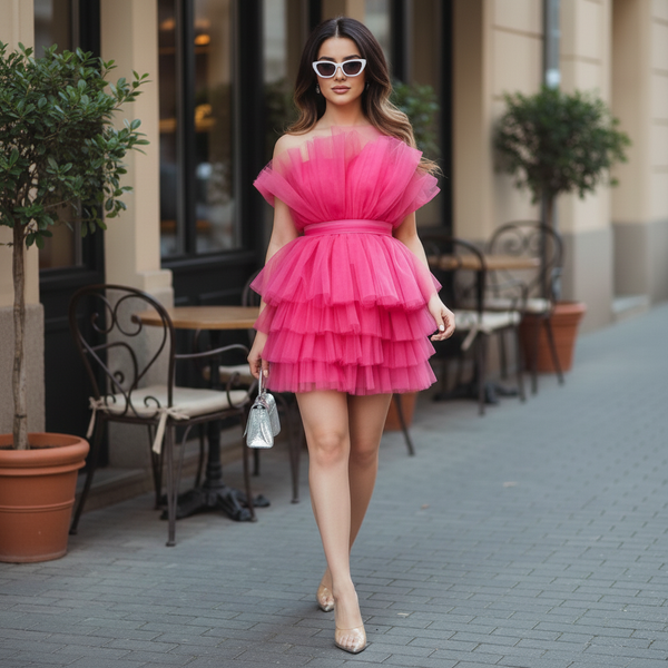 Tulle Offshoulder Mini Dress - Pink