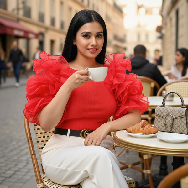 Ribbed Organza Step Ruffle Sleeves Top - Carrot Color