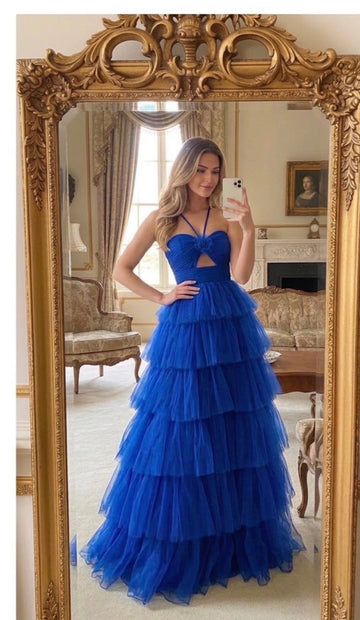 Royal Blue Tiered Tulle Evening Gown with Halter Cut-Out Detail