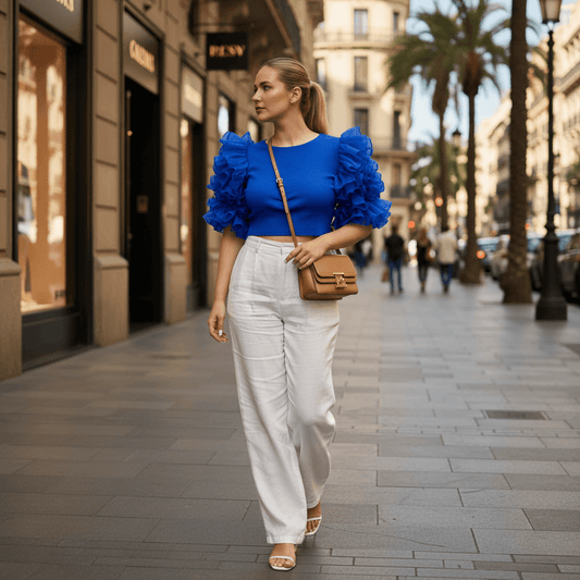 Ruffled Organza Sleeved Ribbed Crop Top - Blue - DrapeMe - Your Affordable place for In-Trend clothing