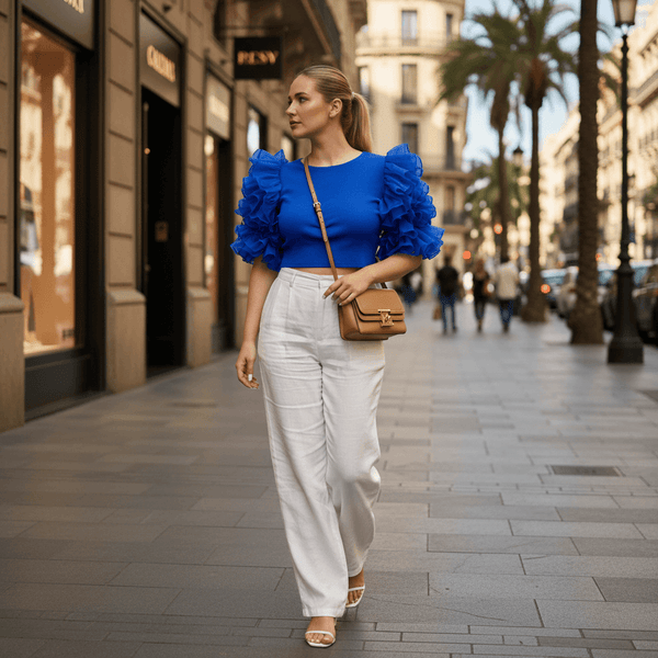 Ruffled Organza Sleeved Ribbed Crop Top - Blue - DrapeMe - Your Affordable place for In-Trend clothing