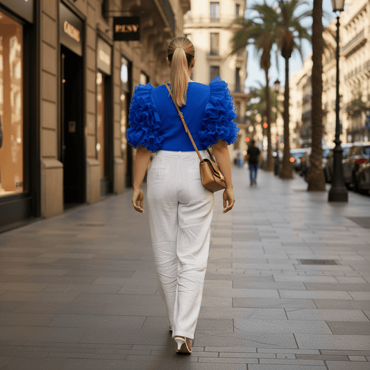 Ruffled Organza Sleeved Ribbed Crop Top - Blue - DrapeMe - Your Affordable place for In-Trend clothing