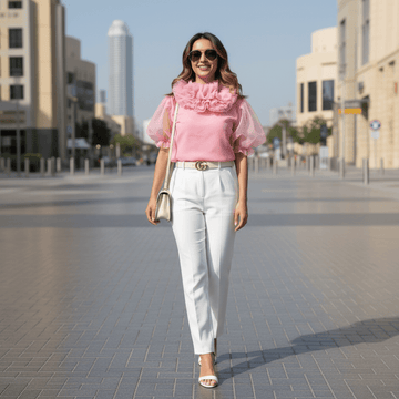 Pink Ruffle Neck Party Wear Organza Top