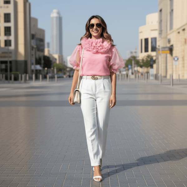 Pink Ruffle Neck Party Wear Organza Top