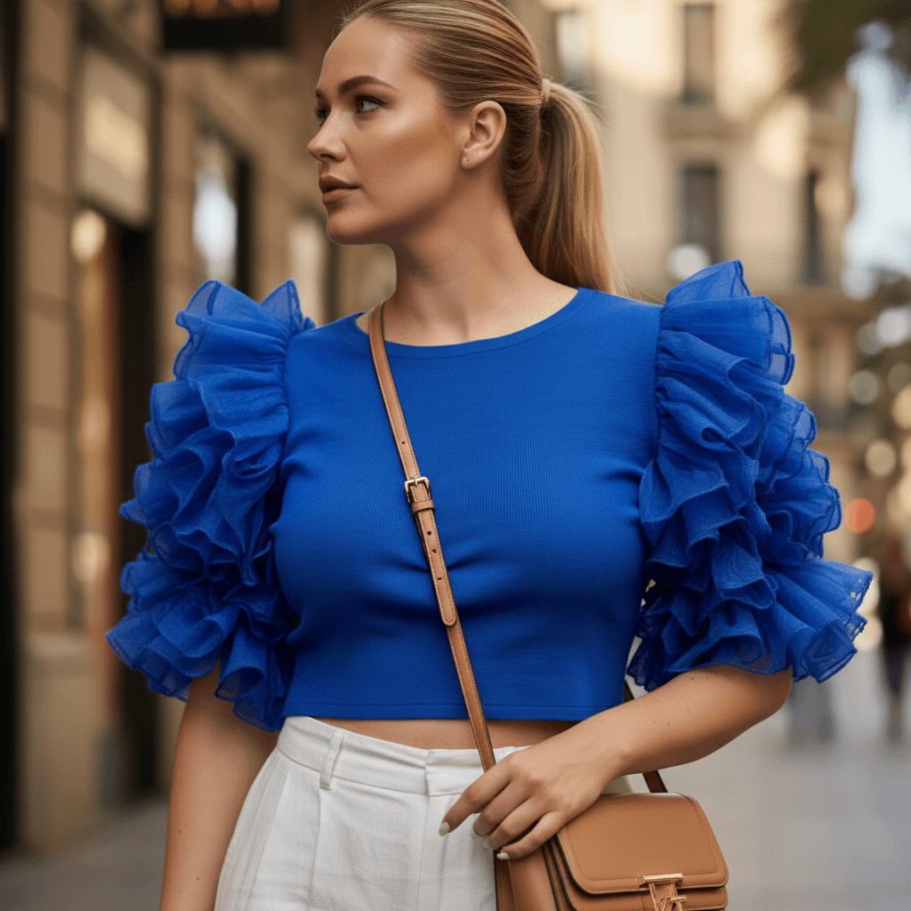 Ruffled Organza Sleeved Ribbed Crop Top - Blue - DrapeMe - Your Affordable place for In-Trend clothing