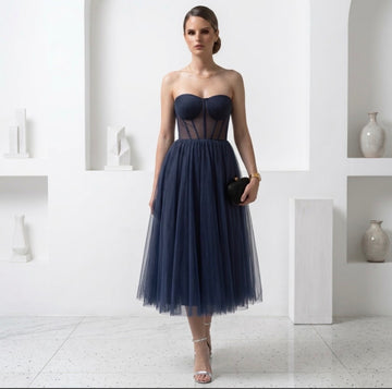 The Midnight Muse Corset Tulle Midi Dress