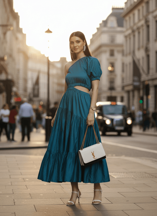 Teal One Shoulder Maxi Dress For Women