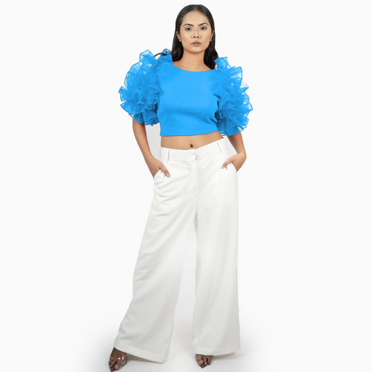 Ruffled Organza Sleeved  Ribbed Crop Top