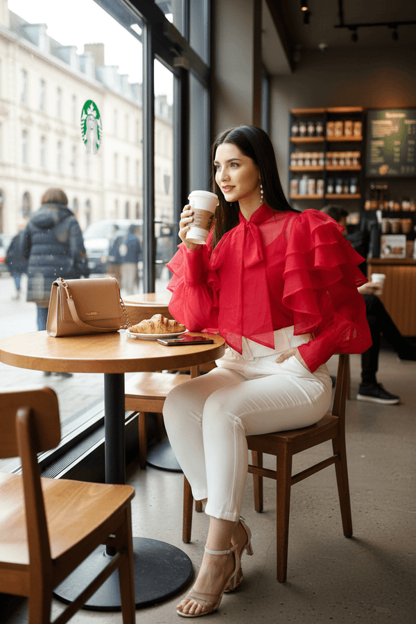 Ruffled Sleeved Tie Neck Top- Pinkish Red - DrapeMe - Your Affordable place for In-Trend clothing