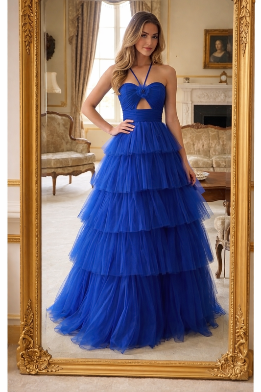 Royal Blue Tiered Tulle Evening Gown with Halter Cut-Out Detail